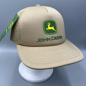 John Deere 6 Panel Khaki Trucker Hat, Adjustable Cushioned Polyester Front Cap.